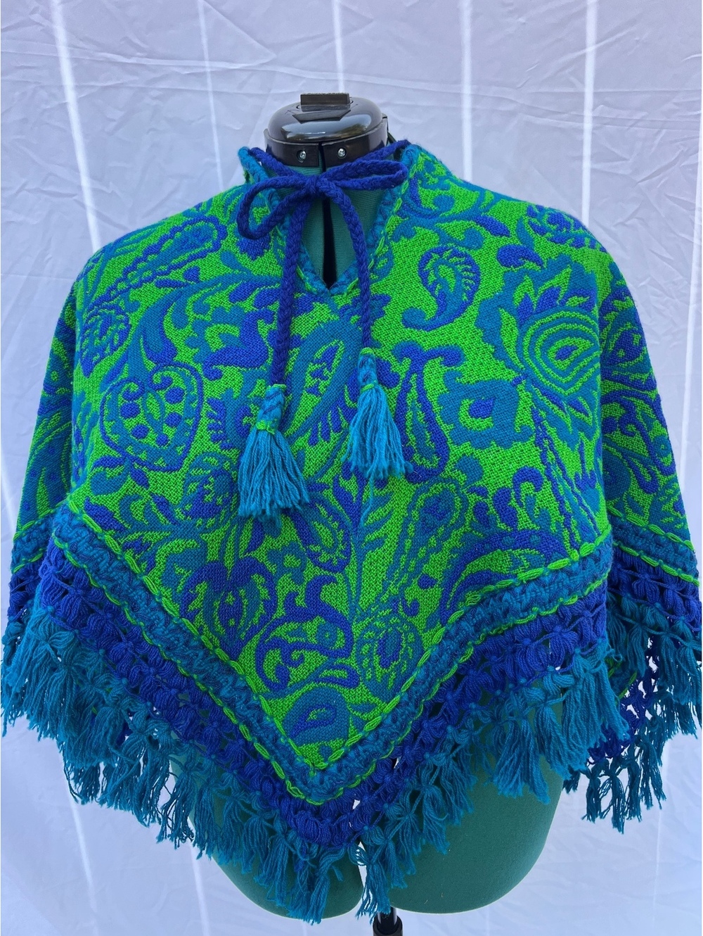 Reversible Paisley Poncho Blue Green Fringe Boho Hippie Festival Cape